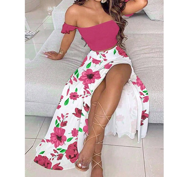 Boho Floral Print Ruffle Sleeve Crop Top Maxi Skirt set - Picture 1 of 10